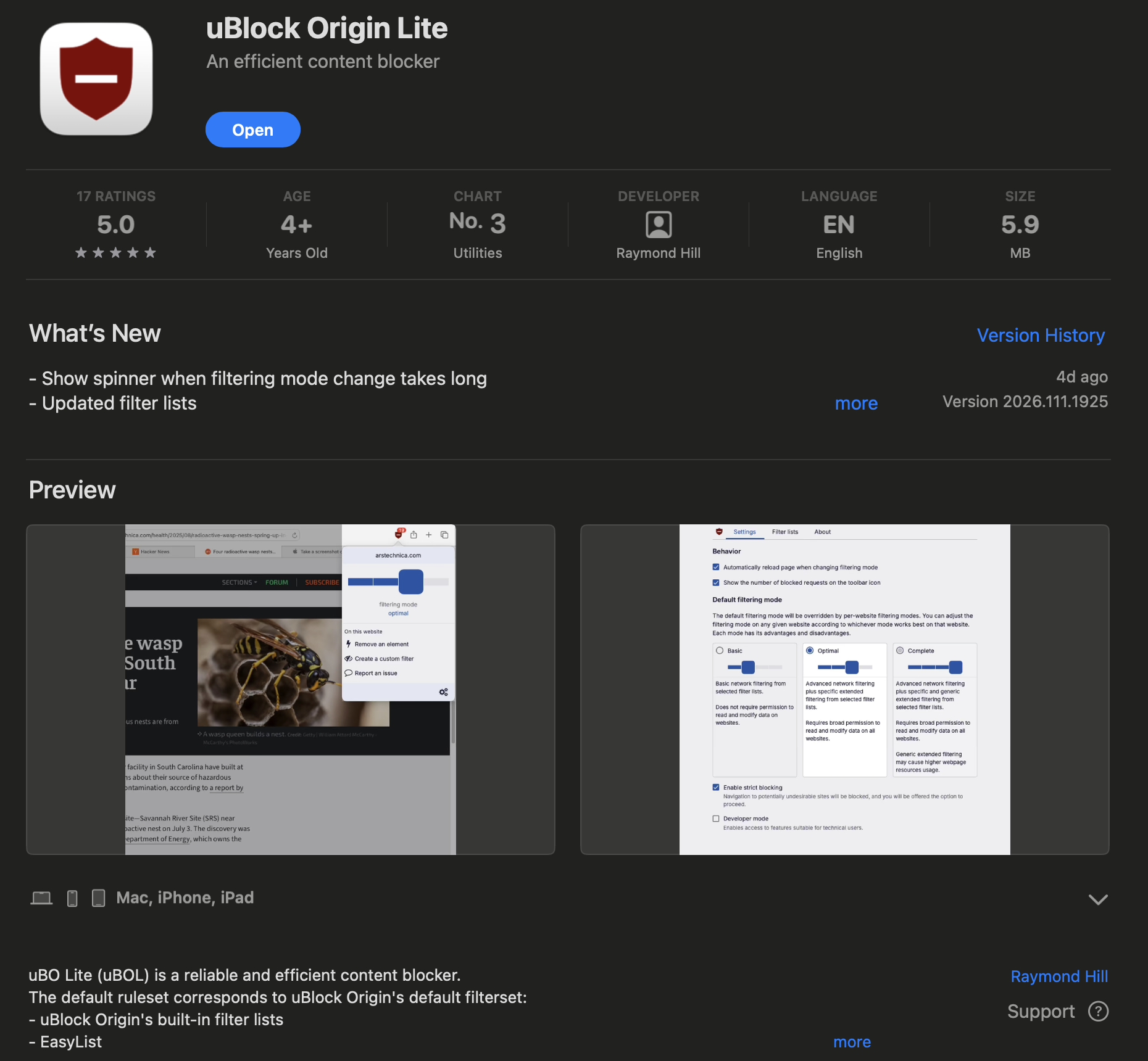 uBlock Origin Lite App Store page